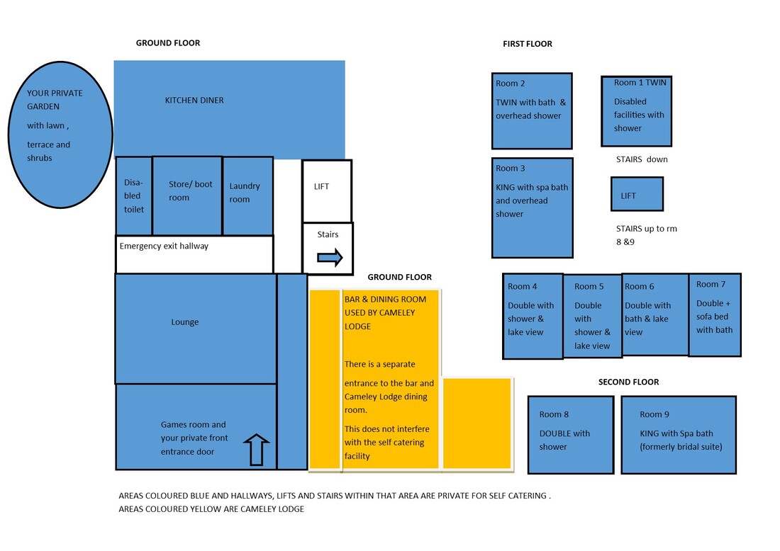 This shows the layout at Cameley Lodge. It shows the double and twin rooms, the kitchen /diner, lounge, games room.